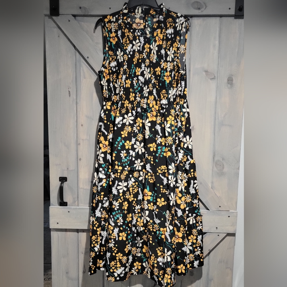 Floral Shirred Mock Neck Cut Out Pocket Ruffle Hem Dress - Picture 5 of 15
